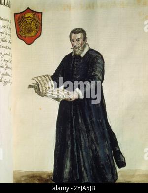 Portarit of Claudio Monteverdi (1567-1643), italian composer with the costume of venetians, manuscript, XVIIth century. Museum: MUSEO CORRER, MUNICH, ITALIA. Stock Photo