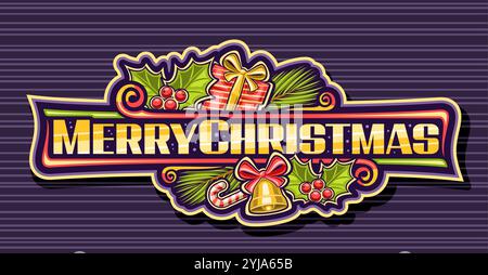 Vector logo for Merry Christmas, decorative label with cartoon design christmas decoration, horizontal badge with surprise present and golden bell wit Stock Vector