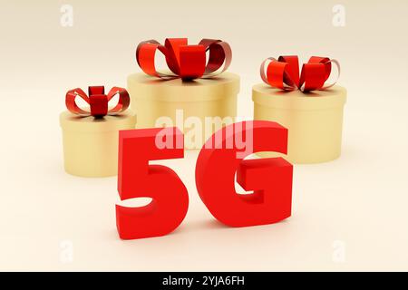 Luxury red inscription 5g on grey podium, soft light, front view smooth background, 3d rendering Stock Photo