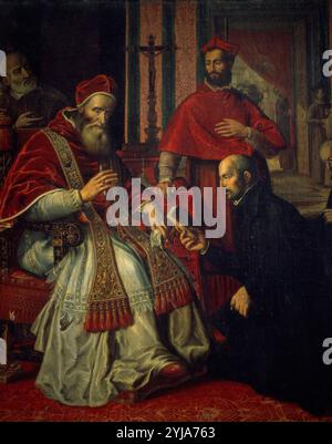 Pope Paul III (Alexander Farnese) (1468-1549) receives rule book of Jesuit order from St. Ignatius Loyola, 1539. Museum: Church of Il Gesu, Roma, ITALIA. San Ignacio de Loyola. PABLO III. Stock Photo