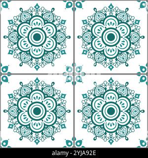 Indian style tiles vector seamless pattern with mandalas and flowers inspired by tattoo Mehndi art from India. Non-AI generated Stock Vector