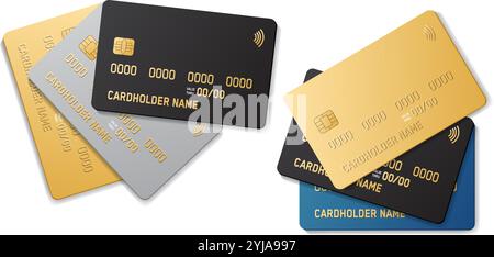 Set of credit plastic card with emv chip. Contactless payment. NFC bank card. Stock Vector