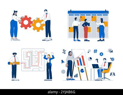 Businesspeople multiracial teams 2D illustration concepts set Stock Vector