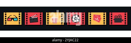 Cinema movie icon set in filmstrip frames. 3D glasses, clapperboard, popcorn, video camera, film reel and cinema tickets. Vector illustration Stock Vector