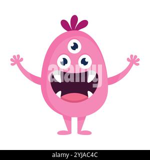 Cute cartoon monster with three eyes. Funny pink creature in childish style with big mouth and fangs. Vector illustration Stock Vector