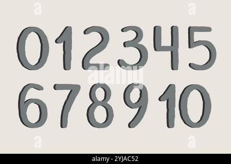 Digits numbers in hand drawn doodle style with shadow. Number 0 to 10. Vector illustration Stock Vector