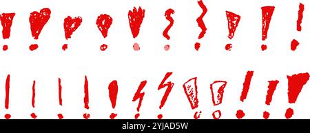 Exclamation marks symbols set. Red crayon hand written signs. Doodle icons collection for emphasize important or dangerous warning text. Vector sketch Stock Vector