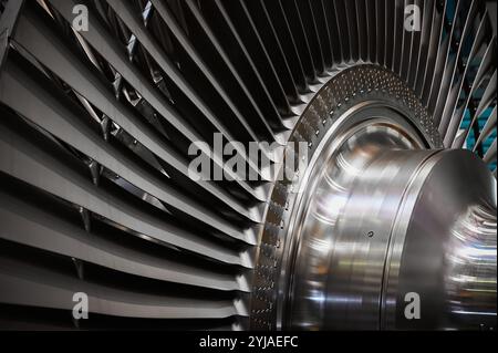 Powerful steam turbine shaft with installed long blades Stock Photo