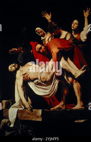 'The Entombment of Christ' ca 1602/04, Oil on canvas, 300 cm x 203 cm. Museum: MUSEI VATICANI, ROMA, ITALIA. Author: CARAVAGGIO. JESUS. Stock Photo