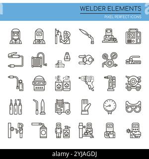 Set of Black and White Thin Line Welder Elements Stock Vector