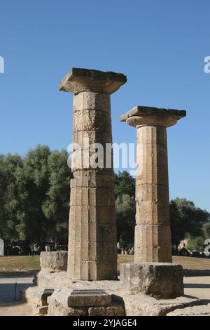 Greece. Olympia. Temple of Hera or Heraion. 4th century BC. Restored ruins. Detail doric columns. Stock Photo