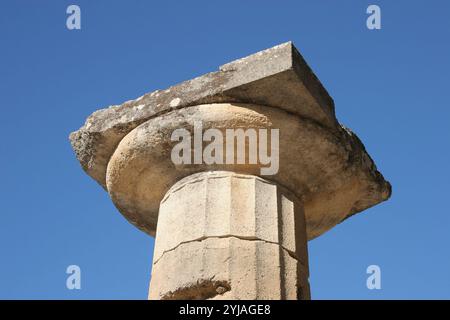 Greece. Olympia. Temple of Hera or Heraion. 4th century BC. Restored ruins. Detail doric columns. Stock Photo