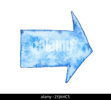 Blue watercolor arrow pointing right on white background for design and direction concepts. Stock Photo