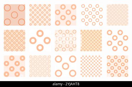Minimalist vector patterns in Peach Fuzz, featuring soft rings and circles in balanced grids. Ideal for warm backgrounds, gentle wallpapers, textiles, Stock Vector