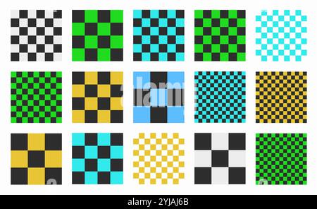 Set of vibrant seamless checkered patterns with grid designs. Square, block, tile, and chess inspired elements in Y2K style. High quality vector illus Stock Vector