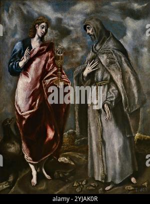 El Greco (Workshop of) / 'Saint John the Evangelist and Saint Francis of Assisi', After 1600, Spanish School, Oil on canvas, 64 cm x 50 cm, P00820. Museum: MUSEO DEL PRADO, MADRID, SPAIN. Stock Photo