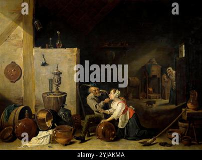 David Teniers (Copy) / 'The Old Man and the Servant', Flemish School, Oil on copper, 49 cm x 64 cm, P01800. Museum: MUSEO DEL PRADO, MADRID, SPAIN. Author: DAVID TENIERS (COPIA). Stock Photo