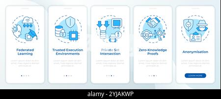 Privacy-enhancing technologies types blue onboarding mobile app screen Stock Vector