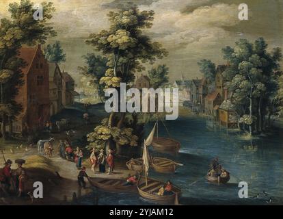 Izaak van Oosten / 'Paisaje con barcas', 1652-1661, Flemish School, Oil on copper, 34 cm x 45 cm, P01388. Museum: MUSEO DEL PRADO, MADRID, SPAIN. Stock Photo