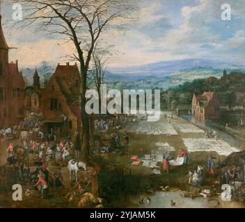 Jan Brueghel 'el Viejo'; Joos de II Momper / 'Flemish Market and Washing Place', ca. 1620, Flemish School, Oil on canvas, 166 cm x 194 cm, P01443. Museum: MUSEO DEL PRADO, MADRID, SPAIN. Stock Photo