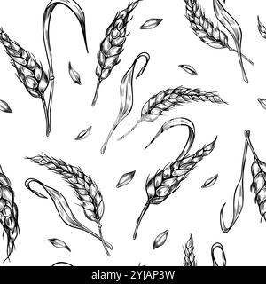Wheat ear, stalks and grains black white graphic vector seamless pattern isolated. Repeated background of spikelet cereals, barley stems monochrome Stock Vector