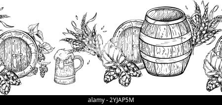 Seamless vector border with hand drawn hop cones, wooden beer barrel in black white isolated. Bunch of wheat ears and beer mug painted monochrome on Stock Vector