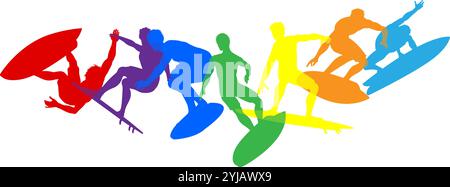 Surfers Surfing on Surf Boards Silhouettes Concept Stock Vector