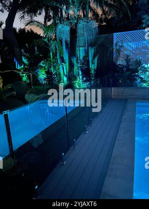 Outdoor concrete swimming pool with reflections in water. Blue and green lights in garden at night in backyard of Australia with glass fence. Stock Photo