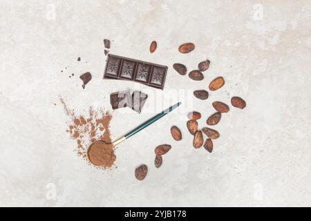 Cocoa in different presentations, beans, powder and chocolate bar Stock Photo