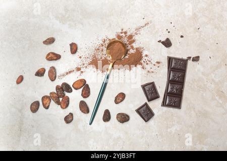 Cocoa in different presentations, beans, powder and chocolate bar Stock Photo