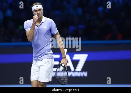 Alexander Zverev of Germany celebrates during the Round Robin singles match between Alexander Zverev of Germany and Casper Ruud of Norway on Day four of the Nitto ATP World Tour Finals. Stock Photo