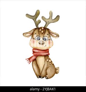 New Years Christmas hand drawn cute little deer in a red scarf. Watercolor illustration for decorating and designing invitations, cards, banners, wrap Stock Vector