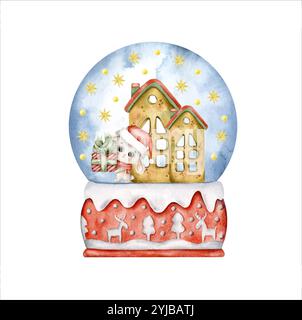 New Years Christmas hand drawn watercolor illustration with christmas snow globe, cute bunny in Santa hat and candlestick house Stock Vector
