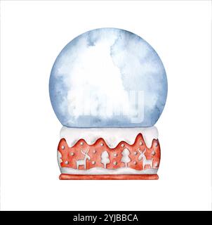 New Years Christmas hand drawn cute snow globe on a red stand with white patterns in the form of snowdrifts and deer. Watercolor illustration for deco Stock Vector