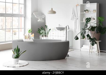 Grey bathtub and houseplants in light bathroom with panoramic window Stock Photo