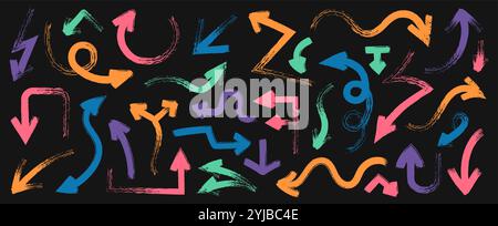 Brush drawn colored arrows. Doodle curve bend pointers, sketchy thick direction pointers, rough line arrows different shapes. Vector isolated set Stock Vector