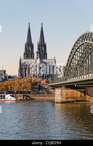 Cologne Cathedral with River Rhine and famous Hohenzollern Bridge, Cologne, North Rhine Westphalia, Germany. Stock Photo