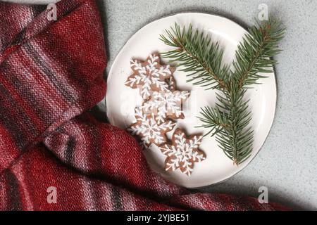 Plate with tasty homemade Christmas gingerbread cookies, top view, flat lay with space for your xmas greetings, concept of winter holidays desserts an Stock Photo