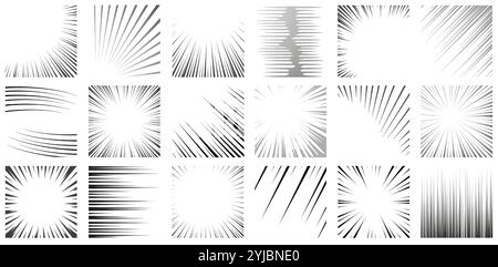 Manga cartoon frame. Comic book page with action dynamic burst lines, fast movement anime effect. Vector manga illustration set Stock Vector