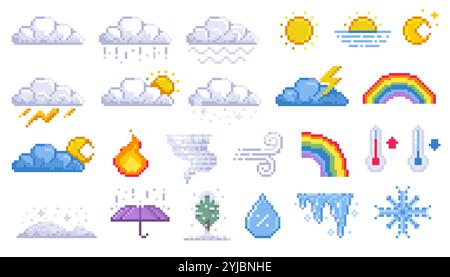 Pixel weather icons. Cartoon 8 bit game assets of sun rain snow thunderstorm wind and cloudiness. Vector weather forecast symbols isolated collection Stock Vector