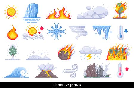 Pixel cataclysm. Retro 2D game volcano eruption with fire, smoke, lava and rocks, mountain explosion with meteorite impact. Vector disaster Stock Vector