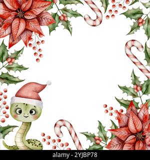 New Years Christmas hand drawn watercolor frame with cute little snake in Santa hat, poinsettia, holly branch, caramel canes and branch with berries. Stock Vector