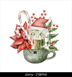 New Years Christmas hand drawn watercolor illustration with cup, snake in Santa hat, caramel canes, poinsettia, holly branch and branch with berries. Stock Vector