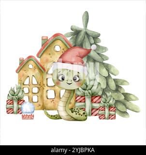 New Years Christmas hand drawn illustration in watercolor with cute little snake, christmas tree, gifts, candlestick house. Year of the snake, cute ca Stock Vector