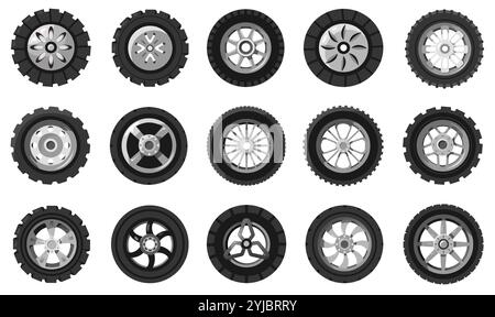 Cartoon car wheels. Tire rim disk with rubber, transport vehicle auto parts, automotive circle tire wheel disk spoke protector. Vector isolated set Stock Vector