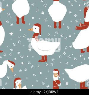 Seamless pattern with cute cartoon goose in red scarf, Santa Claus hat and boots. Merry Christmas background. Vector illustration Stock Vector