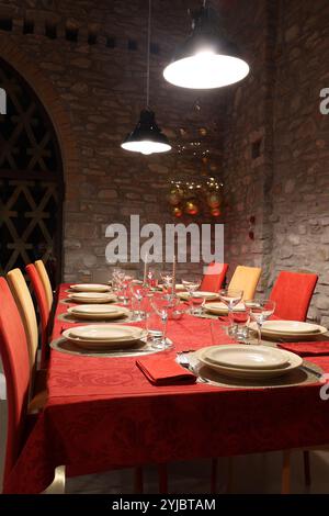 table setting for dinner in christmas holidays in rustic place Stock Photo