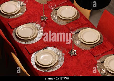 view from above of table setting for dinner in christmas holidays Stock Photo