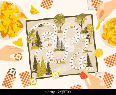Playing board game top view. Cartoon characters playing strategy board game on table, friends family spending time together. Vector illustration Stock Vector