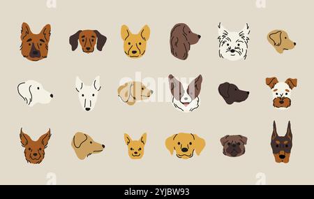 Cartoon dog heads. Funny puppy face icons, cute domestic animals different breeds heads, funny dog face mascot. Vector isolated collection Stock Vector